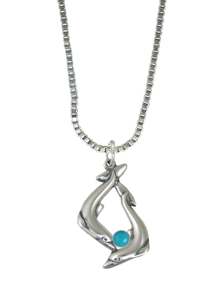 Sterling Silver Dolphins Pendant With Turquoise